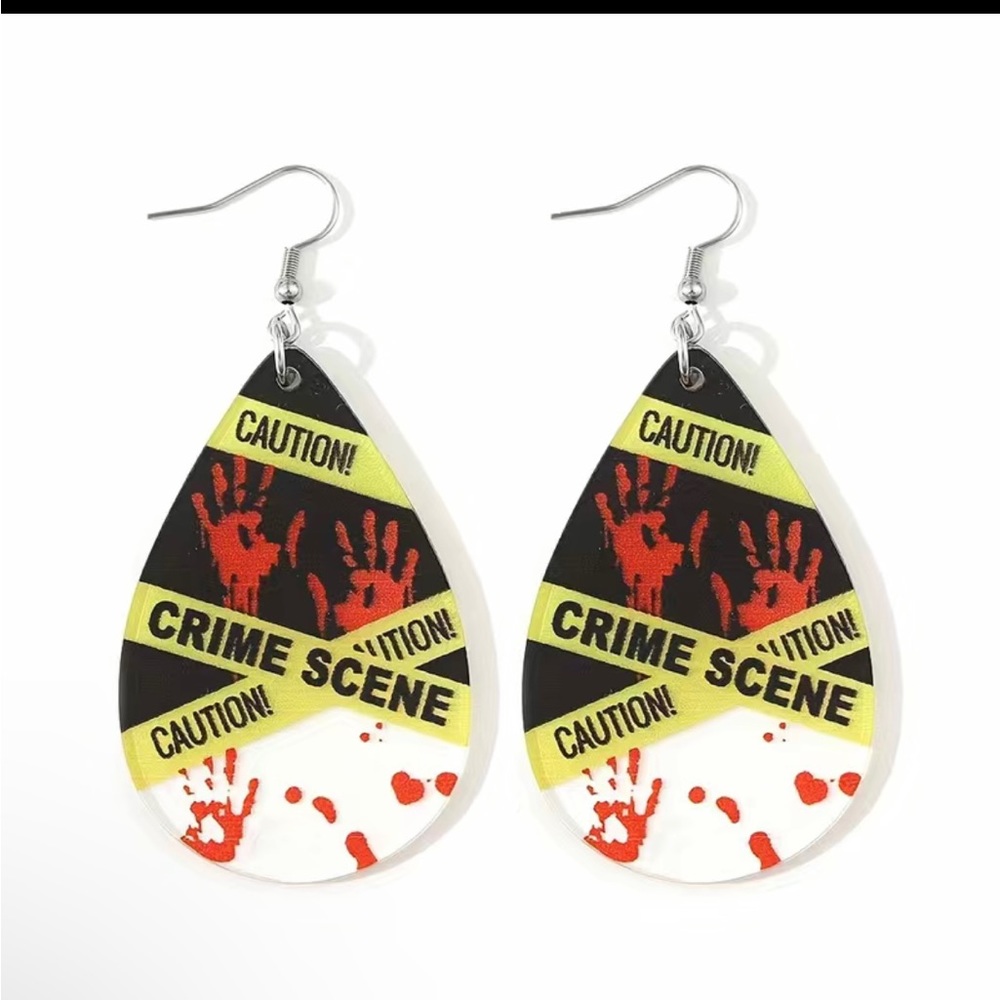 Halloween Bloody Crime Scene Acrylic Dangle Earrings Caution Tape Murder